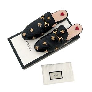 Gucci Princetown Horsebit Loafer Mule EU 37 Black Leather Bee Star Slides Flats